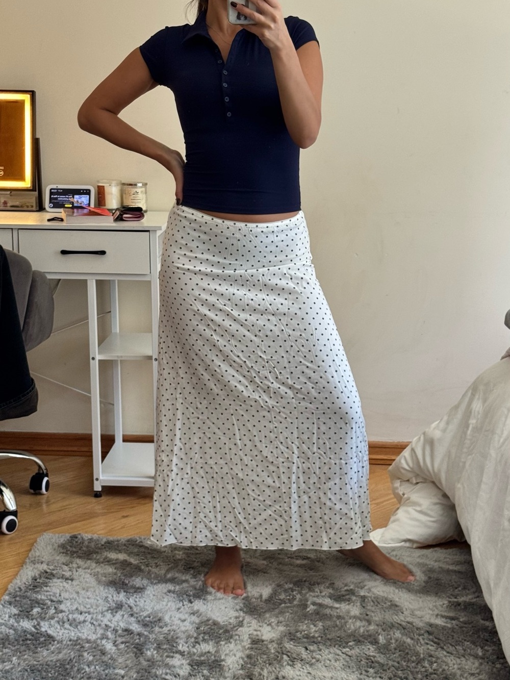 Brandy Melville White Maxi Skirt with Black Polka Dots